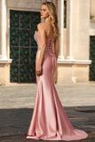 Sparkly Blush Strapless Satin Mermaid Long Corset Prom Dress with Slit