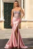 Sparkly Blush Strapless Satin Mermaid Long Corset Prom Dress with Slit