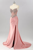 Sparkly Blush Strapless Corset Mermaid Long Prom Dress with Slit