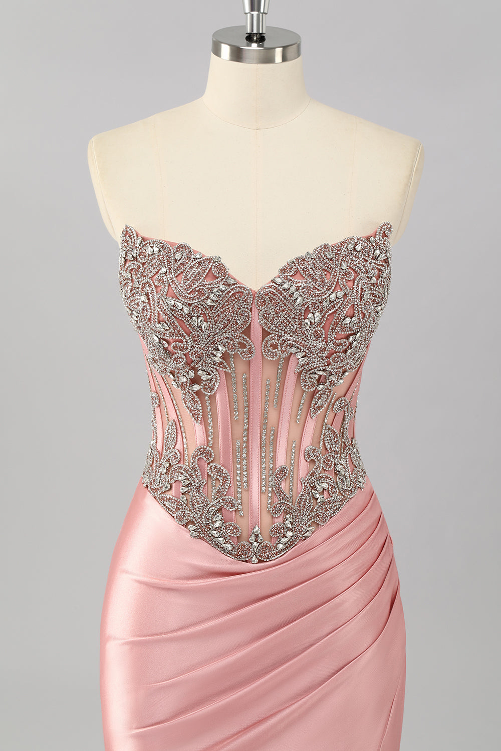 Sparkly Blush Strapless Corset Mermaid Long Prom Dress with Slit