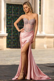 Sparkly Blush Strapless Satin Mermaid Long Corset Prom Dress with Slit