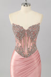 Sparkly Blush Strapless Corset Mermaid Long Prom Dress with Slit