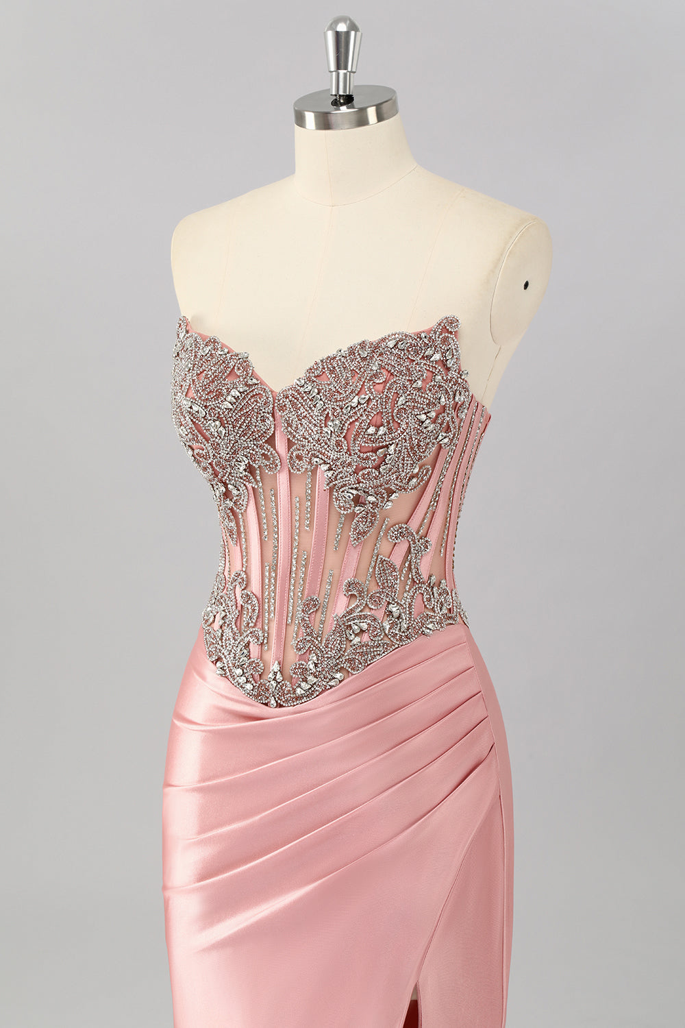 Sparkly Blush Strapless Corset Mermaid Long Prom Dress with Slit