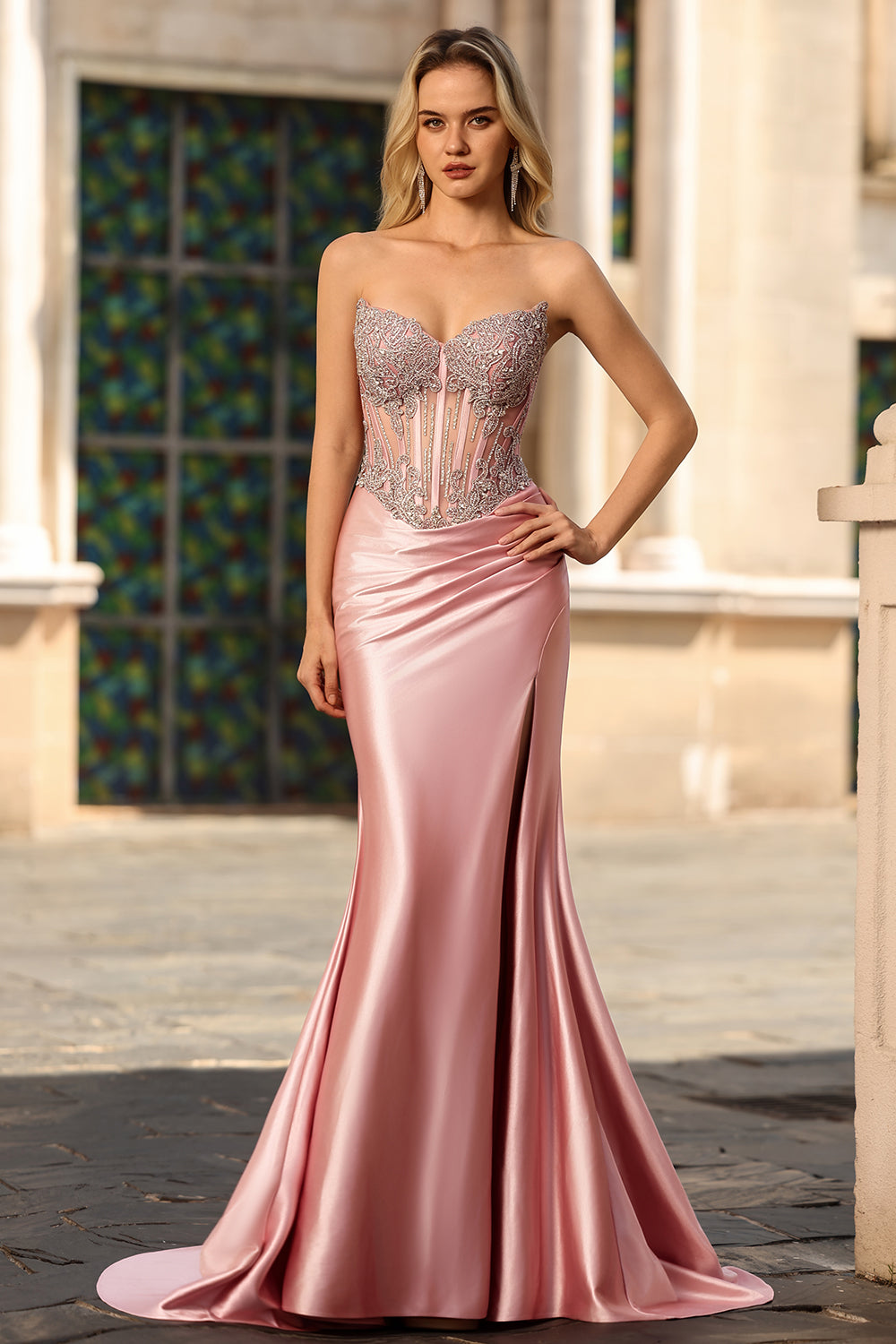 Sparkly Blush Strapless Satin Mermaid Long Corset Prom Dress with Slit