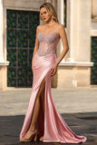 Sparkly Blush Strapless Satin Mermaid Long Corset Prom Dress with Slit