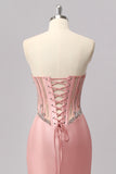 Sparkly Blush Strapless Corset Mermaid Long Prom Dress with Slit