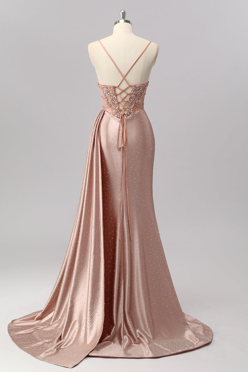 Zapakasa Women Sparkly Blush Beaded Corset Long Prom Dress with Slit Mermaid Spaghetti Straps Lace Up Back Satin Formal Dress with Side Cape