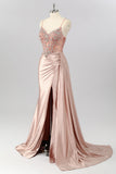 Sparkly Blush Beaded Corset Mermaid Long Prom Dress with Slit