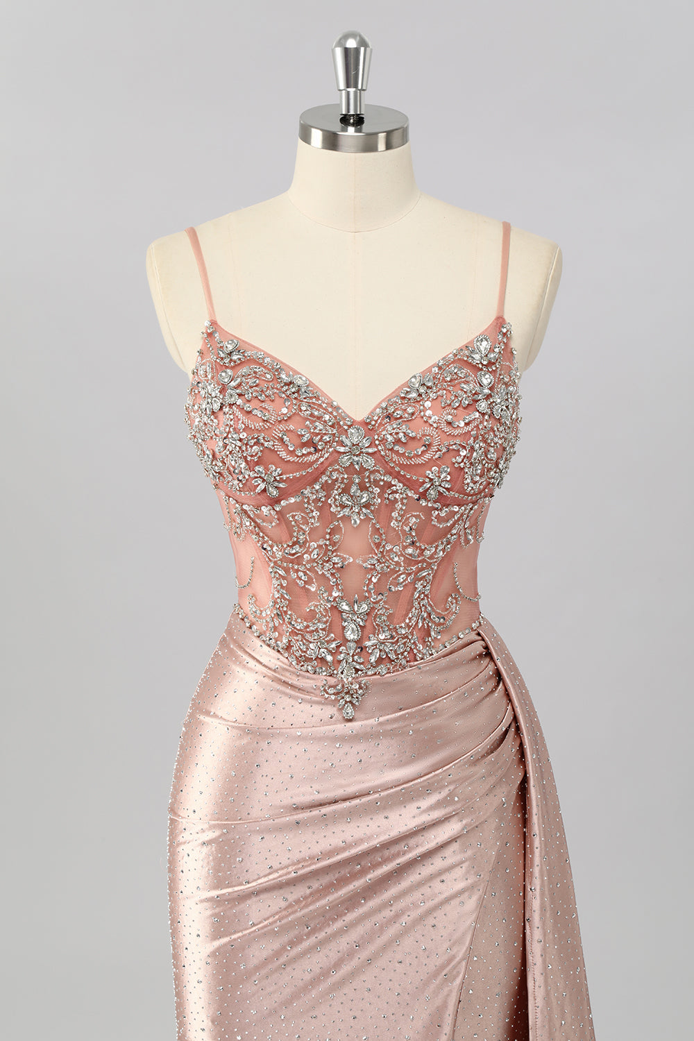 Sparkly Blush Beaded Corset Mermaid Long Prom Dress with Slit