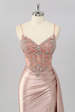 Sparkly Blush Beaded Corset Mermaid Long Prom Dress with Slit