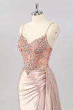 Sparkly Blush Beaded Corset Mermaid Long Prom Dress with Slit