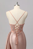 Sparkly Blush Beaded Corset Mermaid Long Prom Dress with Slit
