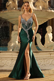 Sparkly Dark Green Mermaid Satin Long Corset Prom Dress with Beading