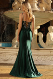 Sparkly Dark Green Mermaid Satin Long Corset Prom Dress with Beading