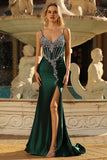 Sparkly Dark Green Mermaid Satin Long Corset Prom Dress with Beading