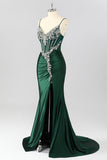 Sparkly Dark Green Corset Mermaid Long Prom Dress with Beading