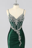 Sparkly Dark Green Corset Mermaid Long Prom Dress with Beading