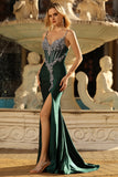 Sparkly Dark Green Mermaid Satin Long Corset Prom Dress with Beading