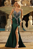 Sparkly Dark Green Mermaid Satin Long Corset Prom Dress with Beading