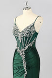 Sparkly Dark Green Corset Mermaid Long Prom Dress with Beading
