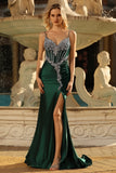 Sparkly Dark Green Mermaid Satin Long Corset Prom Dress with Beading
