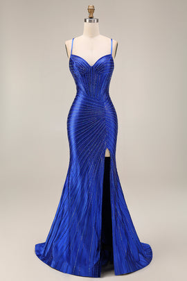 Sparkly Mermaid Royal Blue Beaded Corset Long Prom Dress with Slit