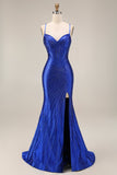 Sparkly Mermaid Royal Blue Beaded Corset Long Prom Dress with Slit