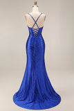 Sparkly Mermaid Royal Blue Beaded Corset Long Prom Dress with Slit
