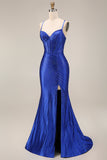 Sparkly Mermaid Royal Blue Beaded Corset Long Prom Dress with Slit