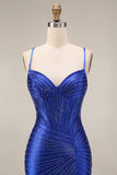 Sparkly Mermaid Royal Blue Beaded Corset Long Prom Dress with Slit