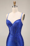 Sparkly Mermaid Royal Blue Beaded Corset Long Prom Dress with Slit