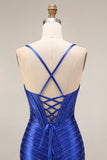 Sparkly Mermaid Royal Blue Beaded Corset Long Prom Dress with Slit