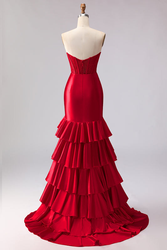 Red Mermaid Satin Ruffled Long Corset Prom Dress with Slit