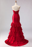 Red Mermaid Satin Ruffled Long Corset Prom Dress with Slit