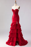 Red Mermaid Satin Ruffled Long Corset Prom Dress with Slit