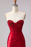 Red Mermaid Satin Ruffled Long Corset Prom Dress with Slit