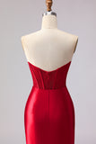 Red Mermaid Satin Ruffled Long Corset Prom Dress with Slit