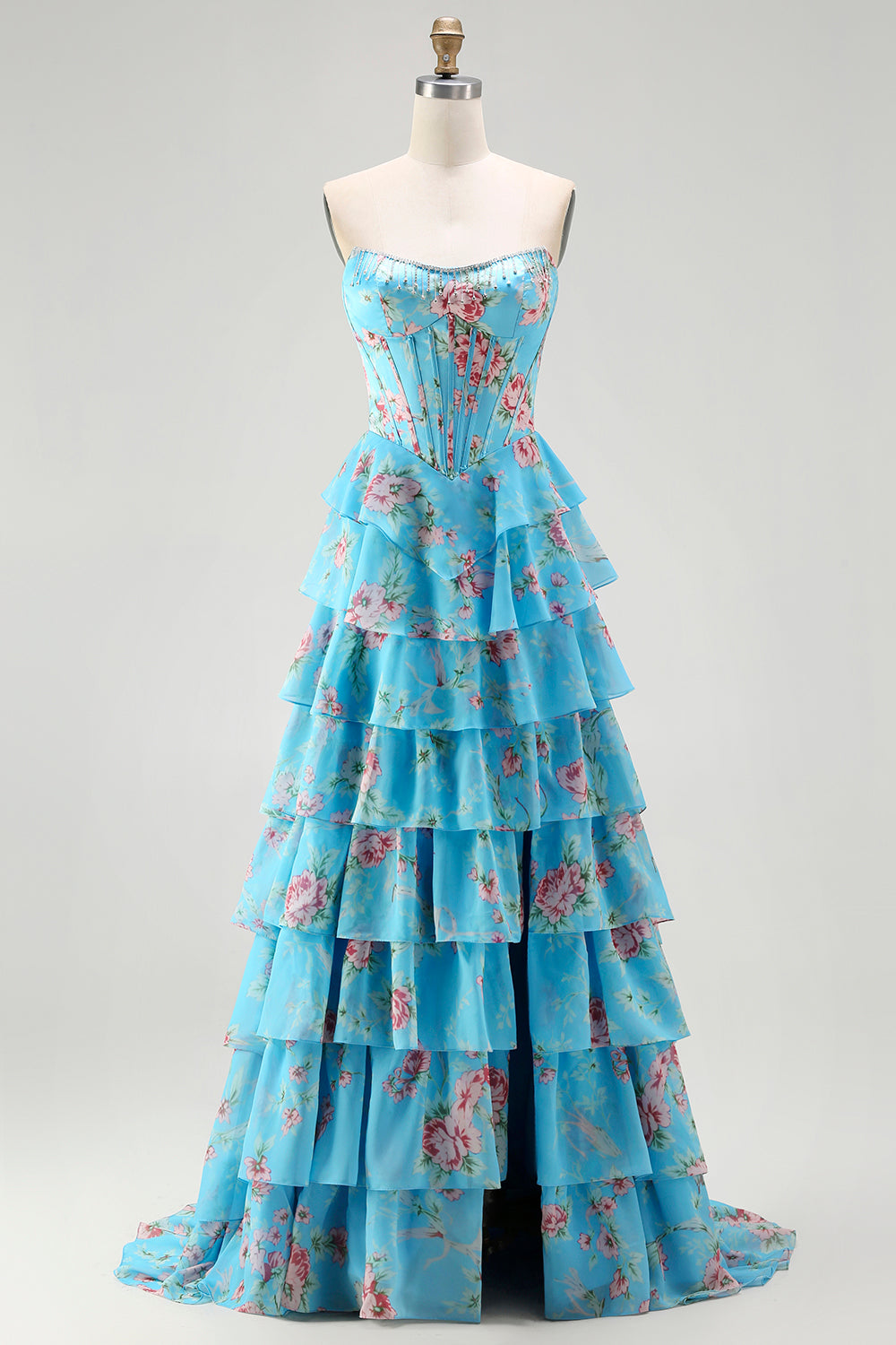 Floral Blue A Line Tiered Long Corset Prom Dress with Slit