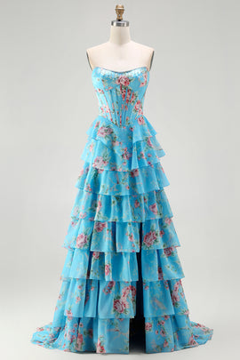 Floral Blue A Line Tiered Long Corset Prom Dress with Slit
