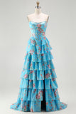Floral Blue A Line Tiered Long Corset Prom Dress with Slit