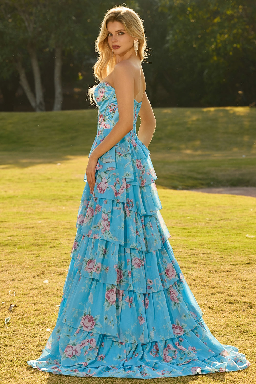 Floral Blue A Line Tiered Long Corset Prom Dress with Slit