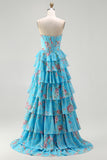 Floral Blue A Line Tiered Long Corset Prom Dress with Slit