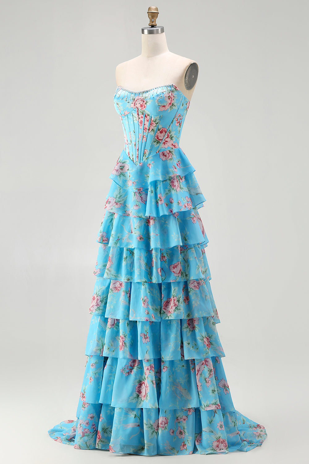 Floral Blue A Line Tiered Long Corset Prom Dress with Slit
