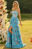 Floral Blue Ruffled A Line Long Corset Prom Dress with Slit