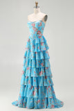 Floral Blue A Line Tiered Long Corset Prom Dress with Slit