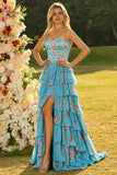 Floral Blue Ruffled A Line Long Corset Prom Dress with Slit