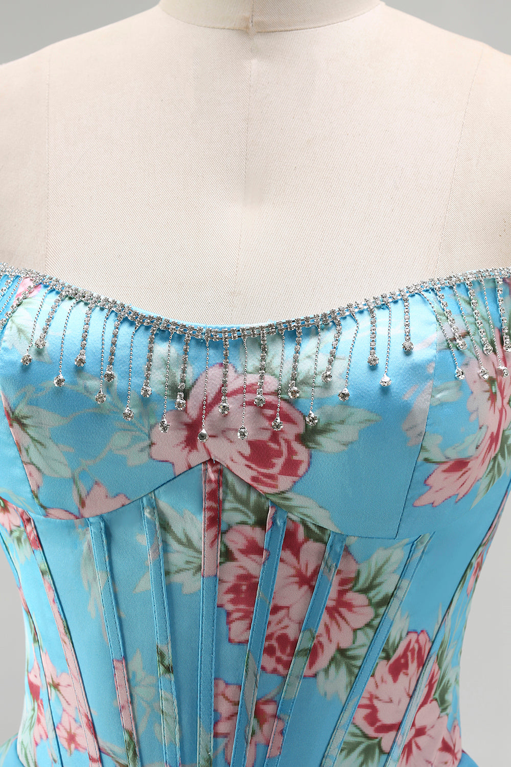 Floral Blue A Line Tiered Long Corset Prom Dress with Slit