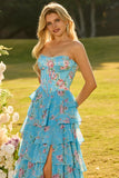 Floral Blue Ruffled A Line Long Corset Prom Dress with Slit