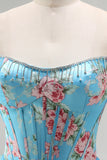 Floral Blue A Line Tiered Long Corset Prom Dress with Slit
