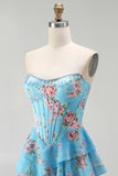 Floral Blue A Line Tiered Long Corset Prom Dress with Slit